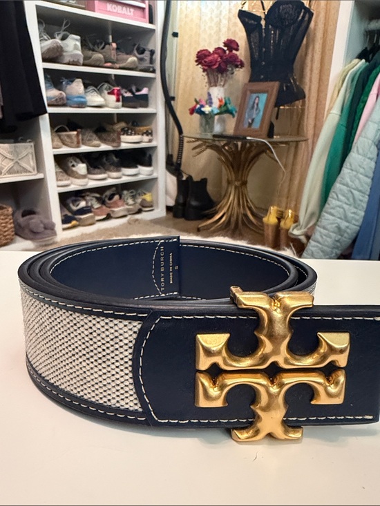 Tory Burch Accessories - Tory Burch Kira Leather and Canvas Navy Belt with Gold Logo Buckle